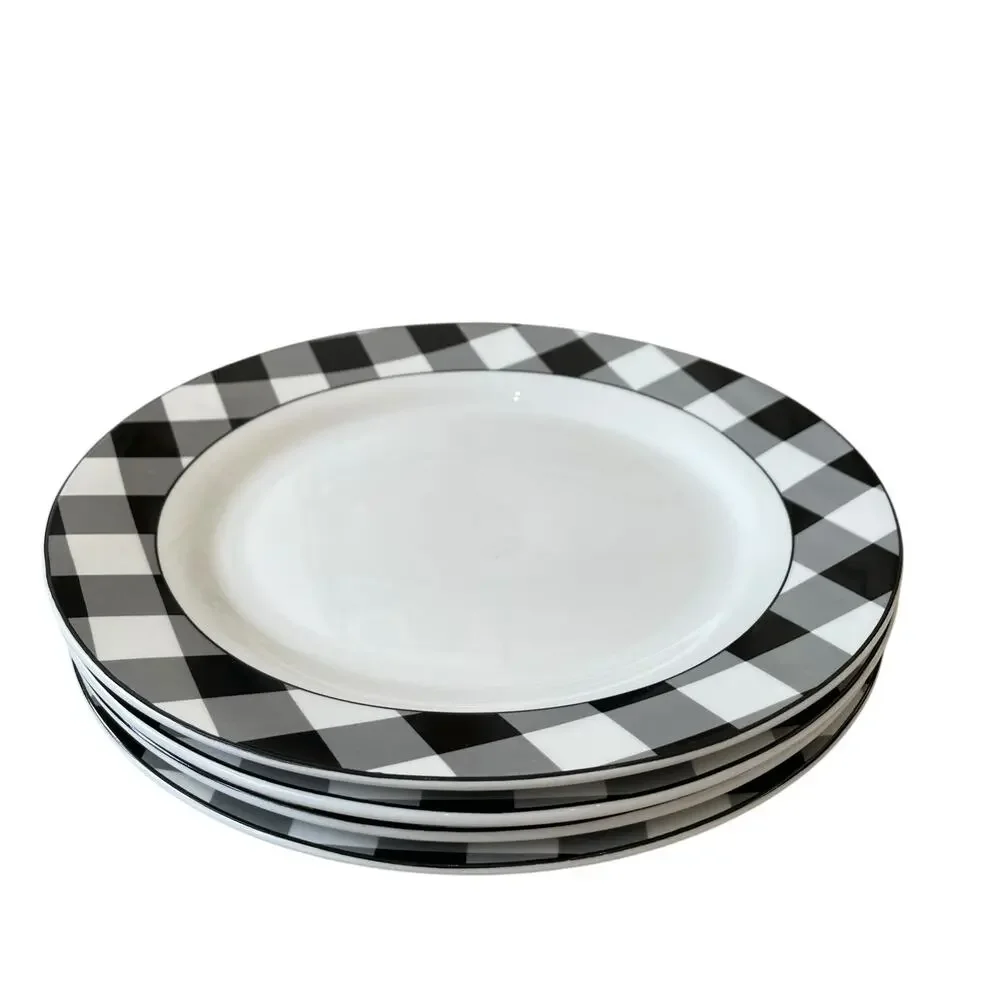 Godinger Black White Checkered Gingham Porcelain Dinner Plates 10.5